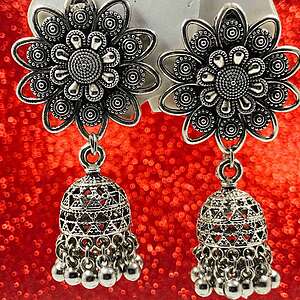 Antique Oxidized Floral Jhumka Earrings